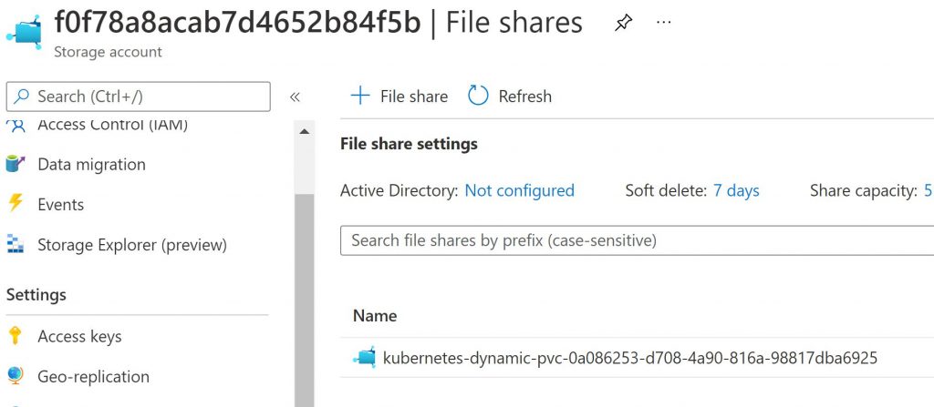 File Share created after creating the PVC in the AKS cluster.