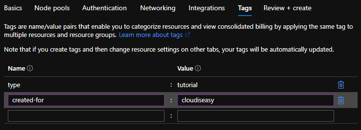 Create AKS cluster - Add tags for your cluster.