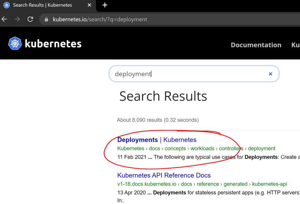 Kubernetes search result.